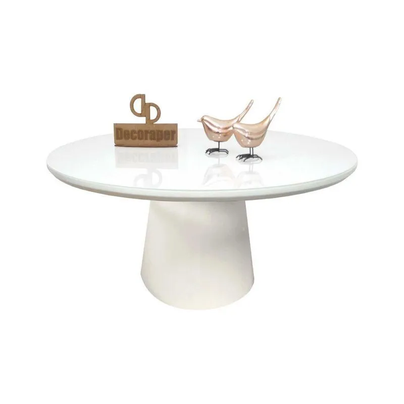 Mesa De Centro Com Vidro 70Cm E Base Cone Laqueada Branca 35Cm