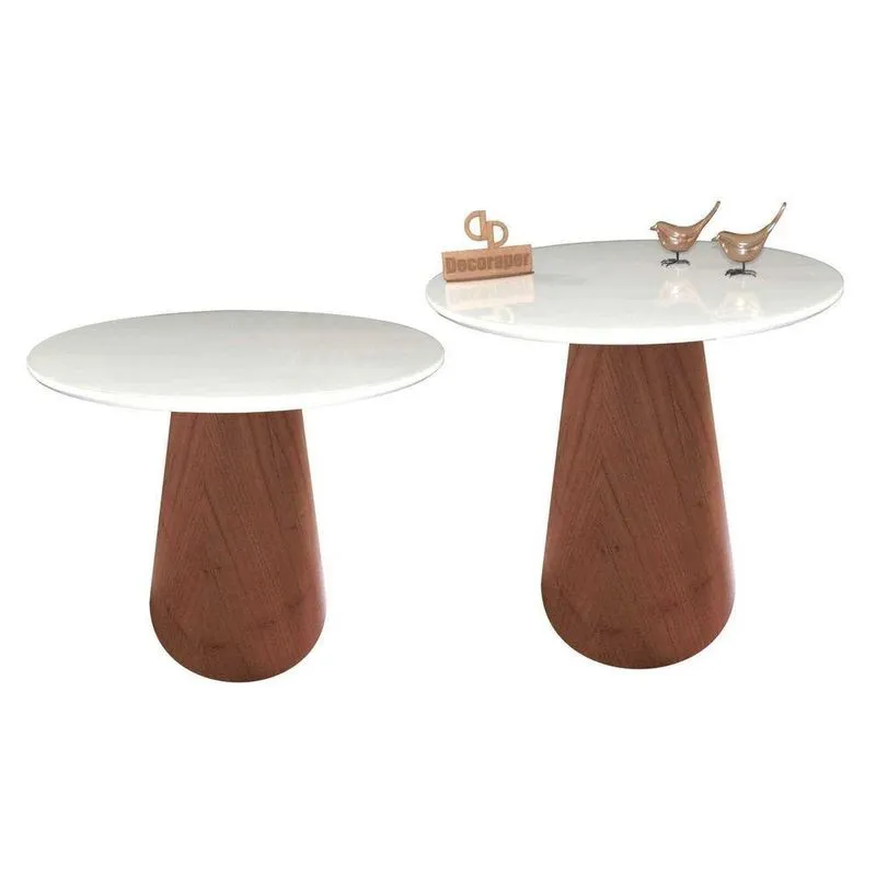 Kit Mesa De Canto Com Vidro 50Cm E Base Cone Envernizada Branca
