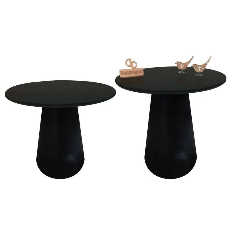 Kit Mesa De Canto Com Vidro 60Cm E Base Cone Laqueada Preta