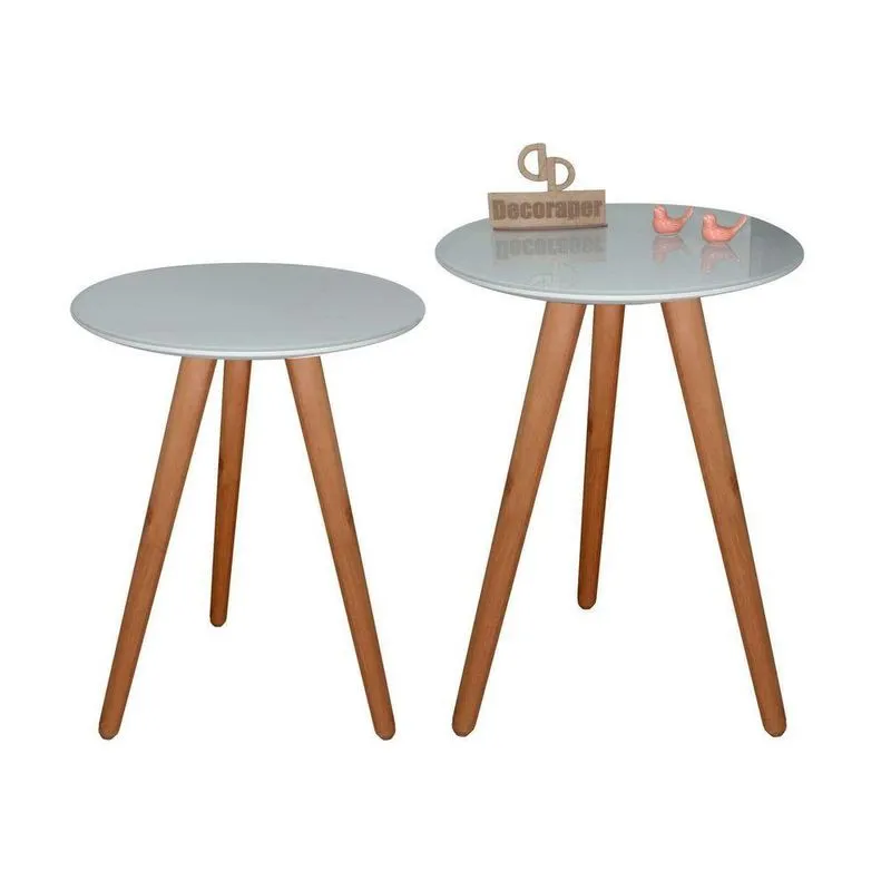 Kit Mesa Mesinha De Canto Lateral Tripé Laqueada Com Vidro 60Cm Off White