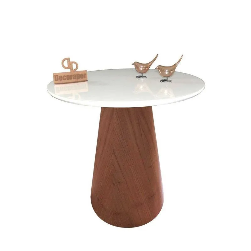 Mesa De Canto Com Vidro 70Cm E Base Cone Envernizada Branca 70Cm