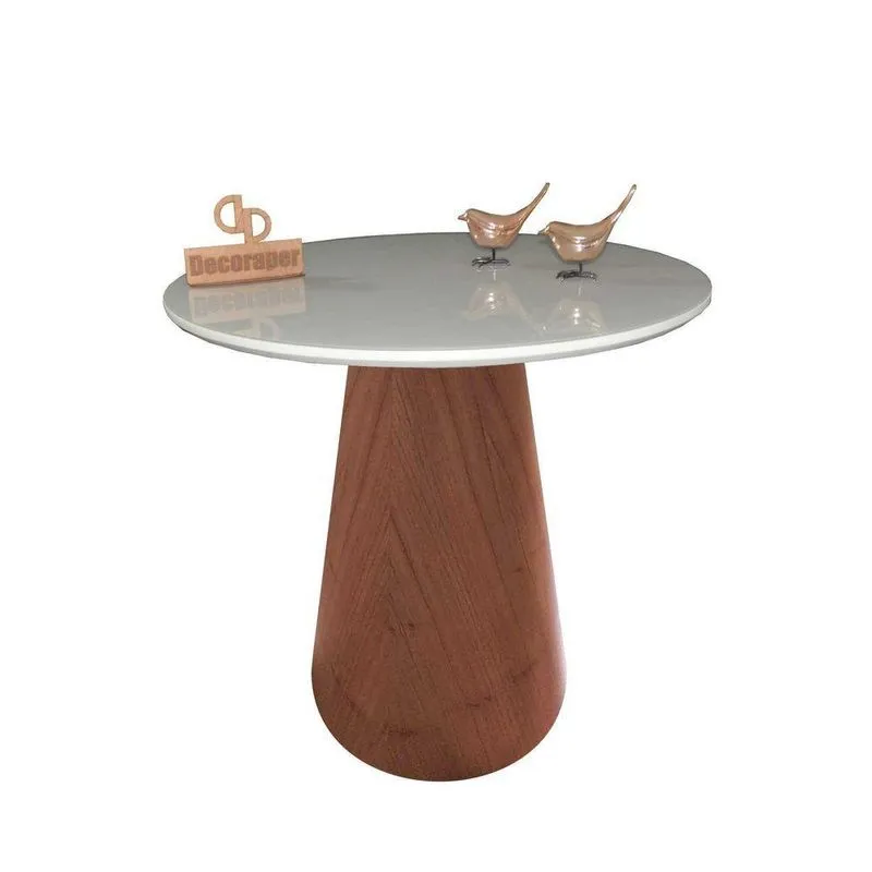 Mesa De Canto Com Vidro 70Cm E Base Cone Envernizada Off White 60Cm