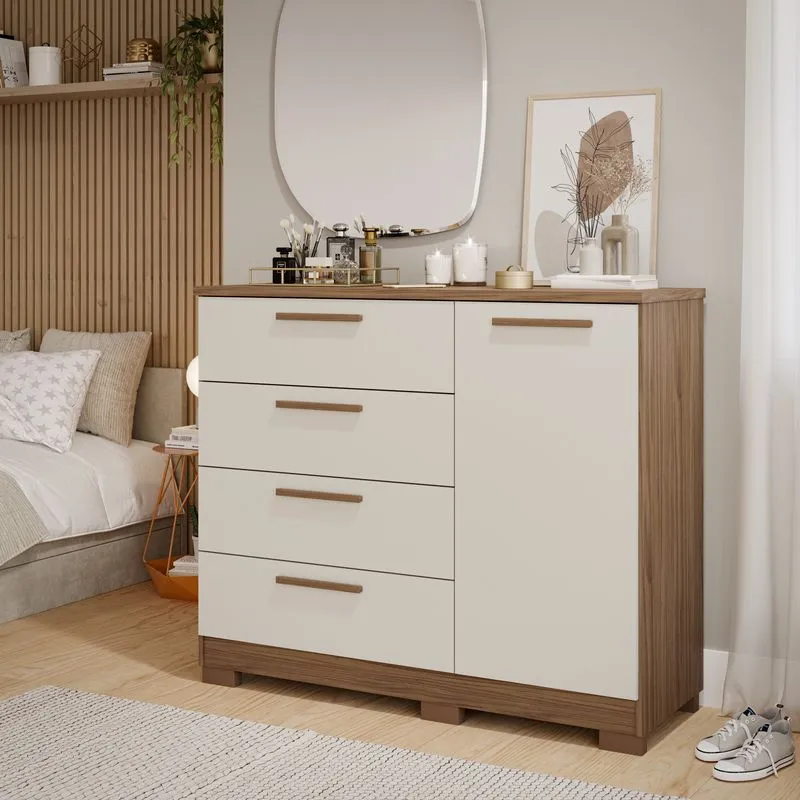 Cômoda para quarto 4 gavetas 1 porta Malu Panan Móveis Avelã /Off White