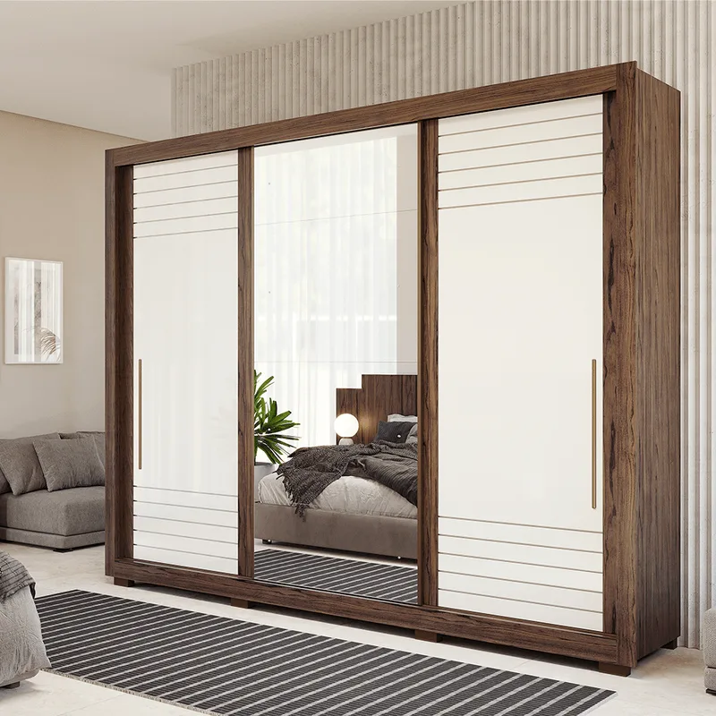 Guarda Roupa 3 Portas e 6 Gavetas com Espelho Vitória Panan Cacau Off White