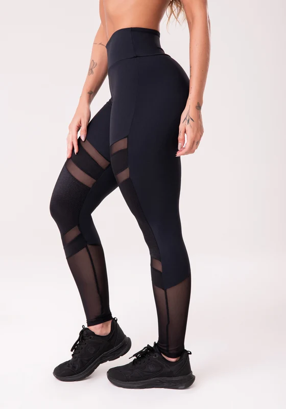 Calça Legging Poliamida Preta Com Textura E Tule Dlk PRETO / G