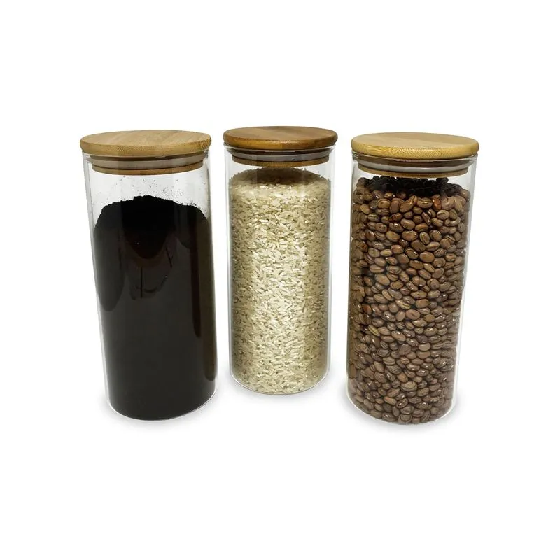 Potes De Vidro p/ Mantimentos 800ml c/ Tampa Bambu - 3 pçs