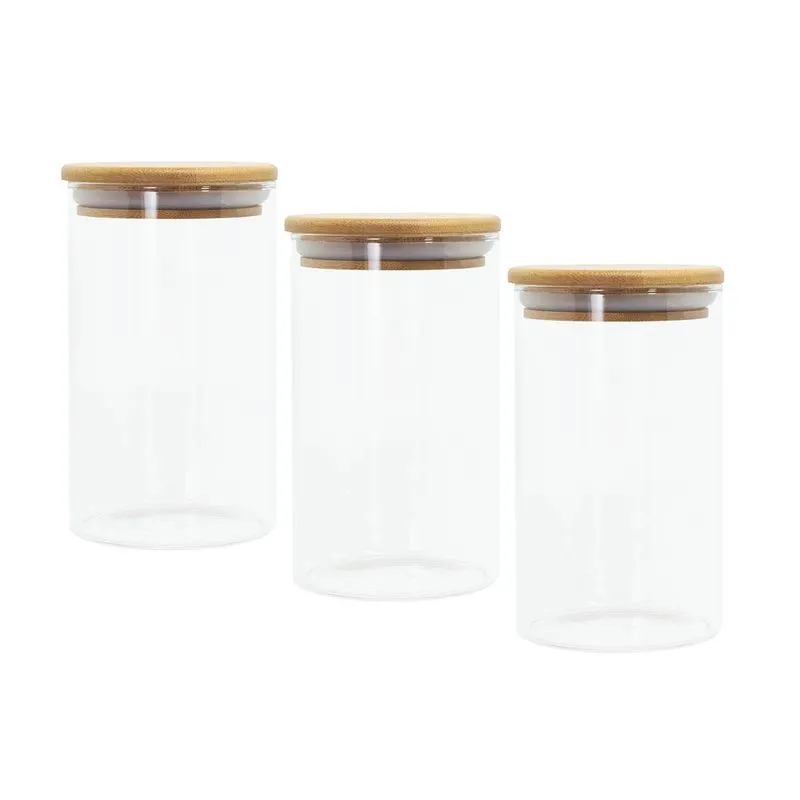 Potes De Vidro p/ Mantimentos 600ml c/ Tampa Bambu - 3 pçs