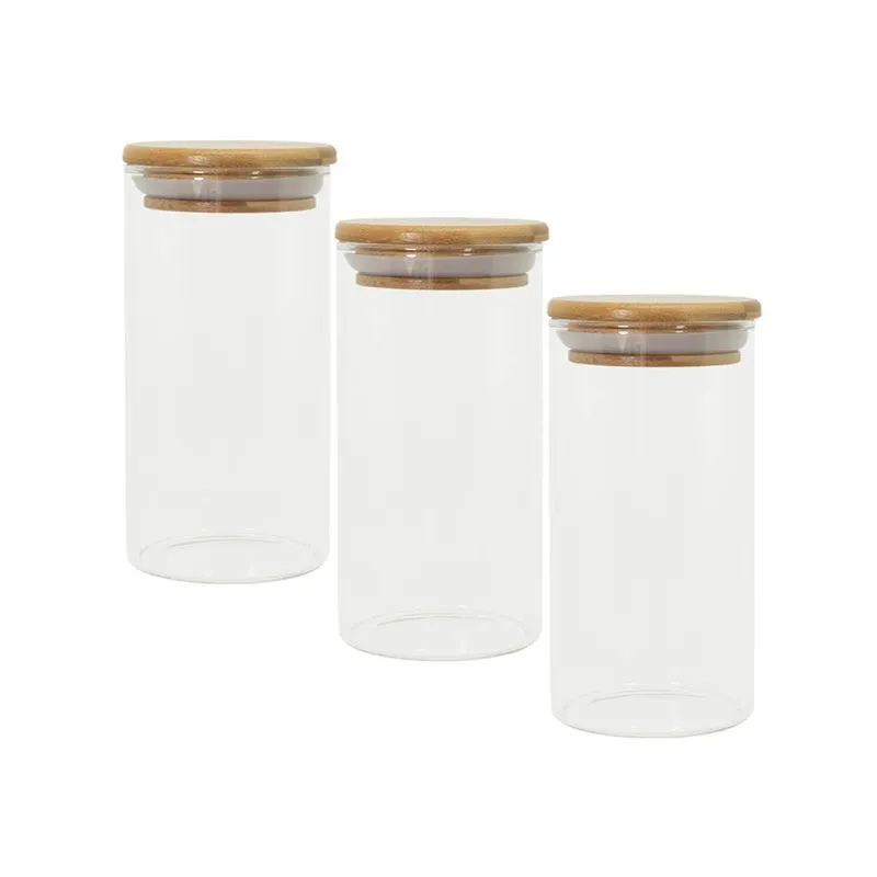 Potes De Vidro p/ Mantimentos 300ml c/ Tampa Bambu - 3 pçs