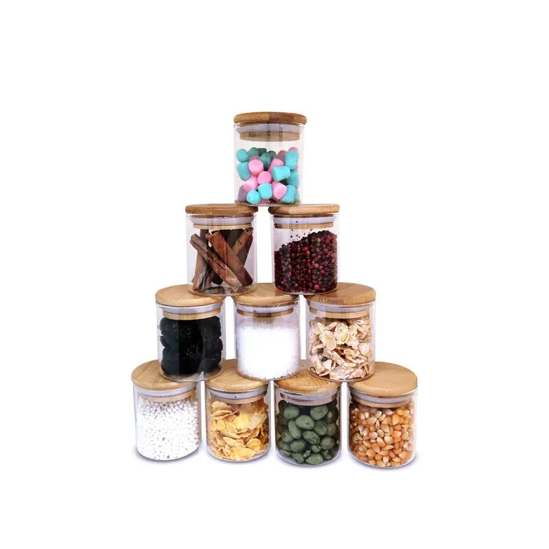 Potes de Vidro para Mantimentos 200ml com Tampa de Bambu - 10 peças