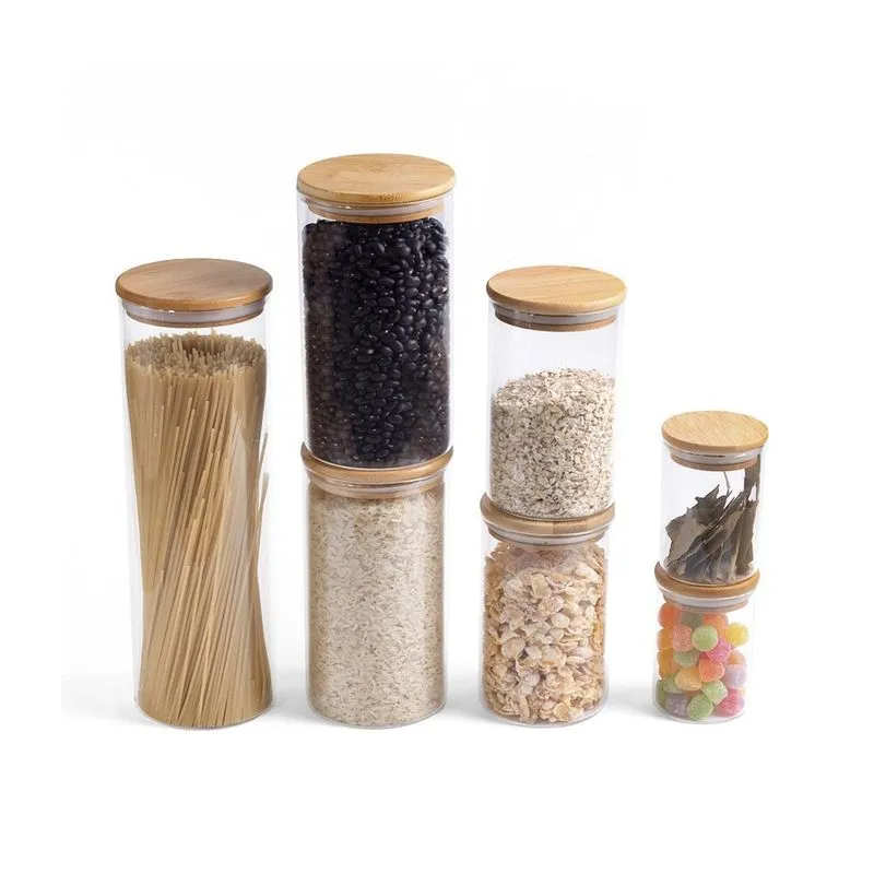 Kit Pote De Mantimento 2000/1100/600/250Ml Tampa Bambu 7Pçs