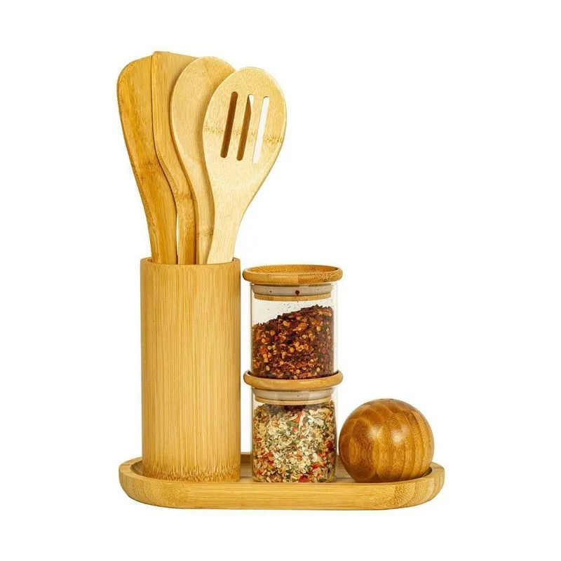 Kit Organizador Bancada Com Utensílios Bambu Potes E Saleiro