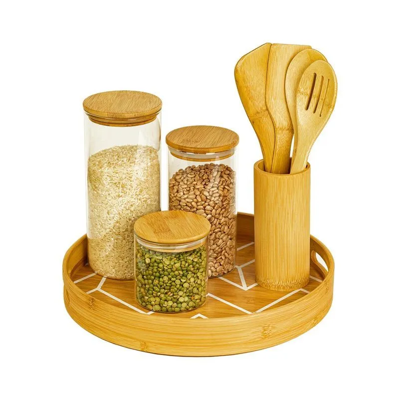 Kit Bandeja Redonda Com Utensílios E Potes 1650/1100/500ml