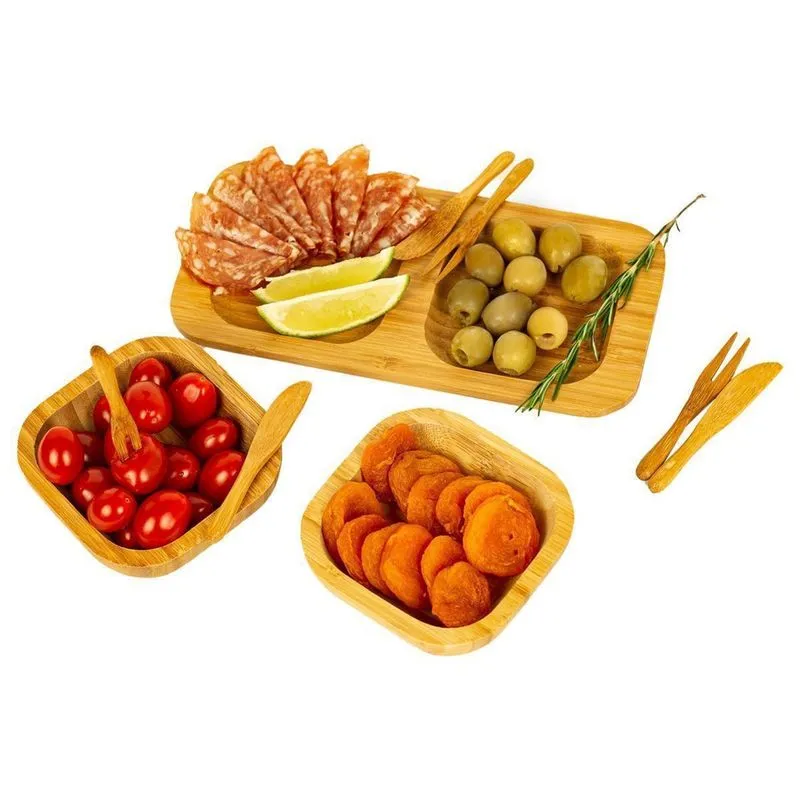 Kit 2 Petisqueiras Com Garfo E Faca De Bambu