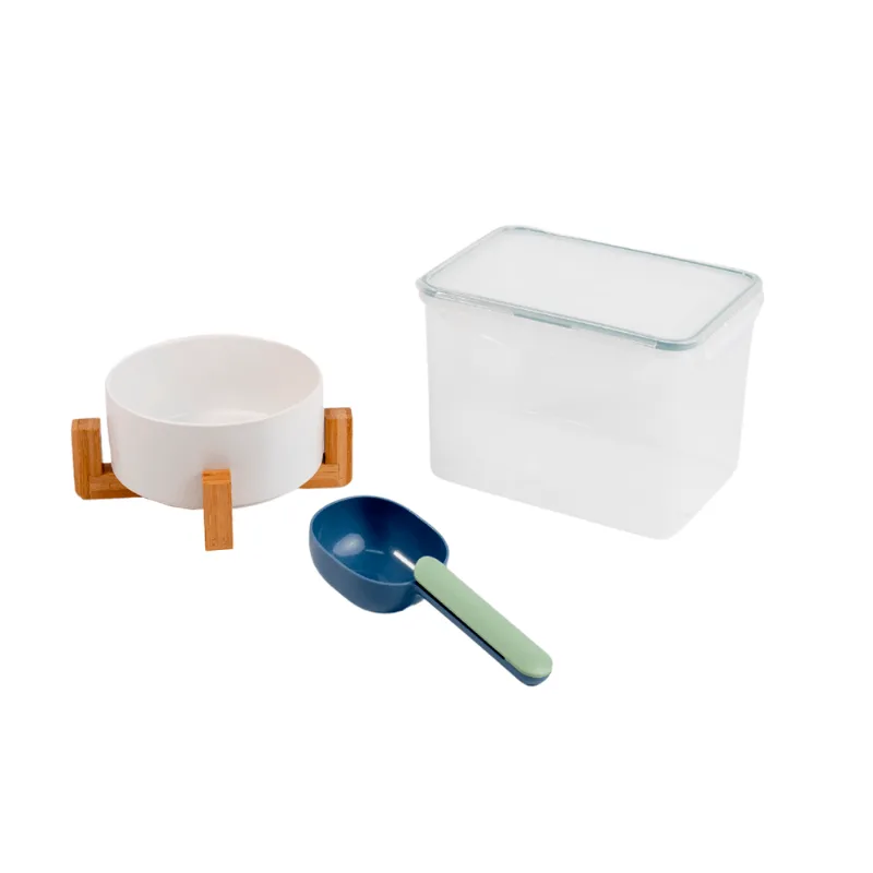Kit Comedouro, Pá Dosadora E Pote Hermético 4l Com Tampa De Bambu 3 Pçs - Oikos