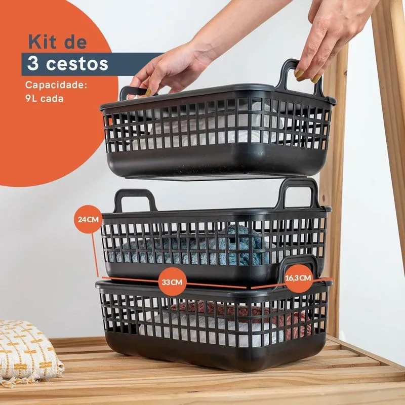 Kit 3 Cestos Telado Multiuso 9L Preto Oikos