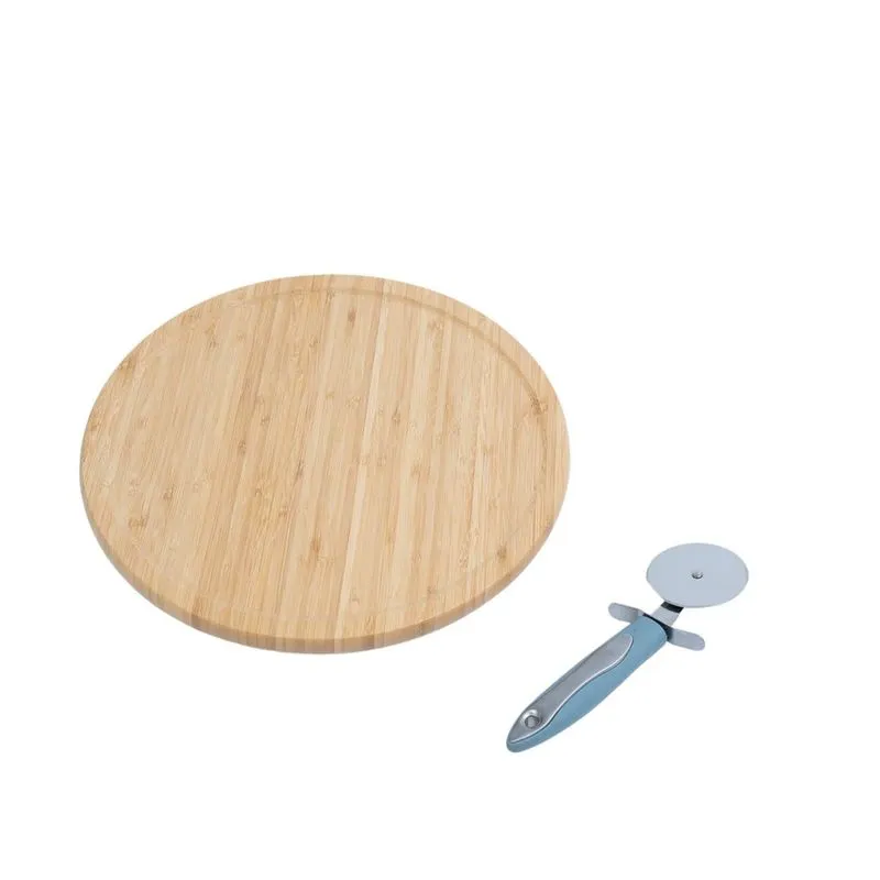 Kit Tábua De Bambu Giratória E Cortador De Pizza Azul 2 Pçs