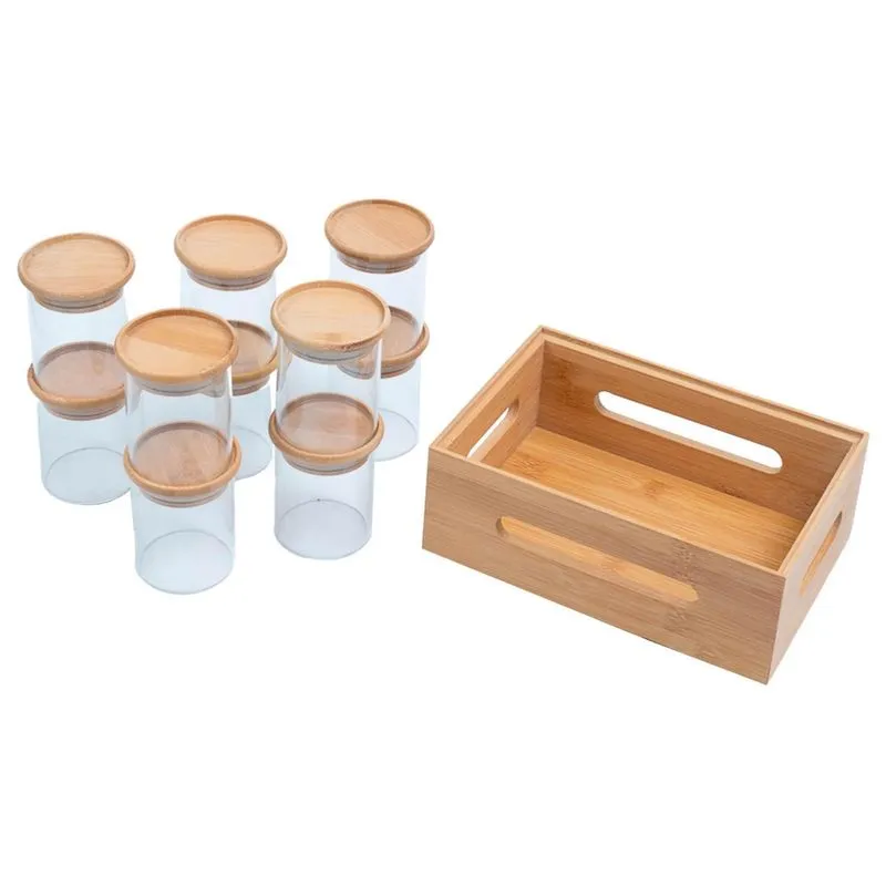 Kit Caixa De Bambu Vazada E 10 Potes De Vidro 200Ml Oikos