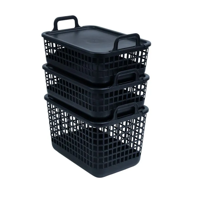 Kit 3 Cestos Telados Tampa De Plástico 2P/1M Preto- Oikos