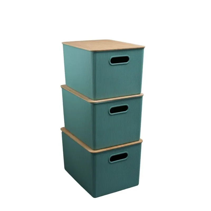 Kit Caixa Organizadora Canelada Tampa Bambu 23L Verde Oikos