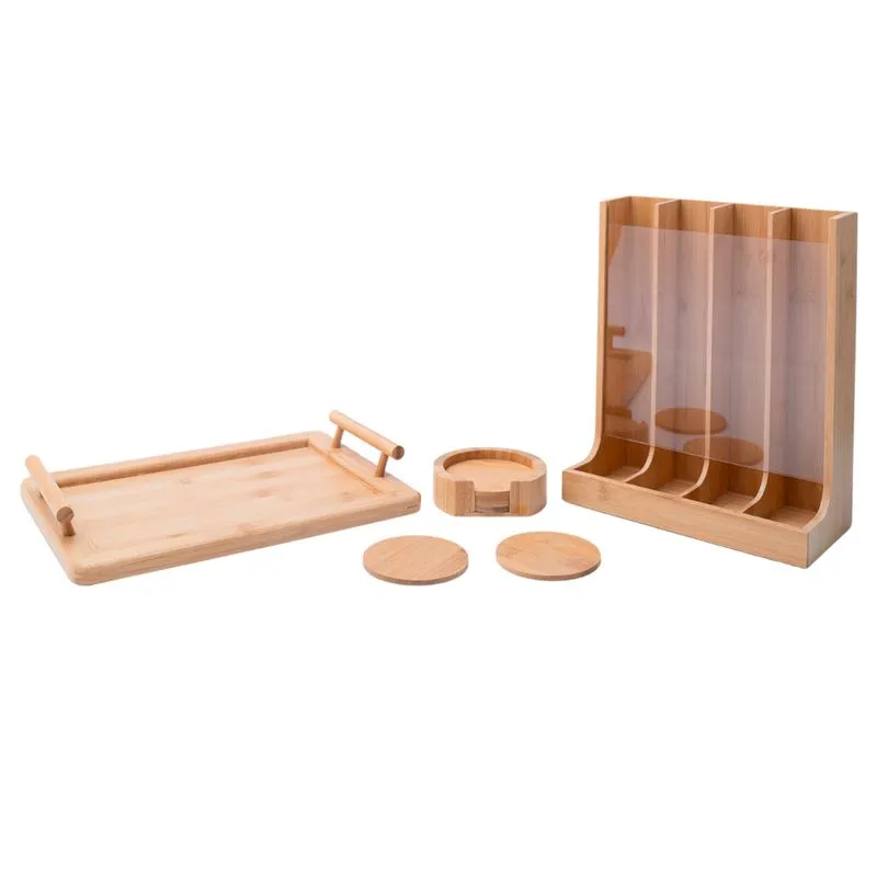 Kit Com Porta Cápsulas, Bandeja Retangular Com Alças E Jogo De Porta Copos De Bambu - Oikos