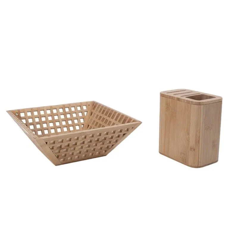 Kit Com Fruteira Vazada De Bambu E Porta Facas De Bambu - Oi
