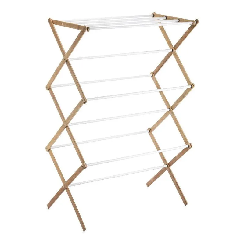 Varal vertical 3 andares em bambu com hastes metalicas branco
