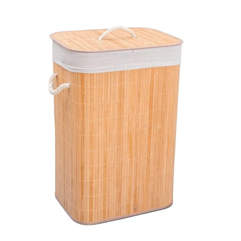Cesto De Roupa Retangular De Bambu Forro Tampa 60Cm - Oikos