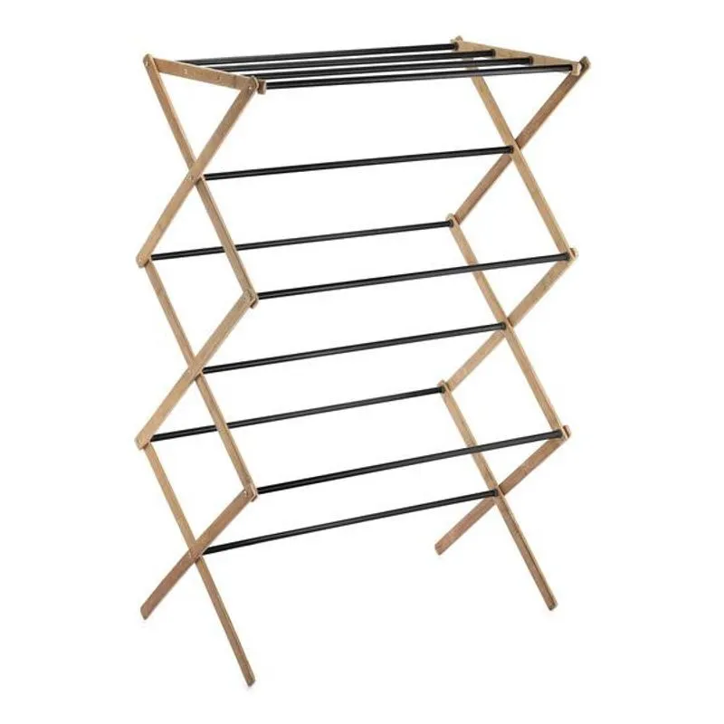 Varal vertical 3 andares em bambu com hastes metalicas preto