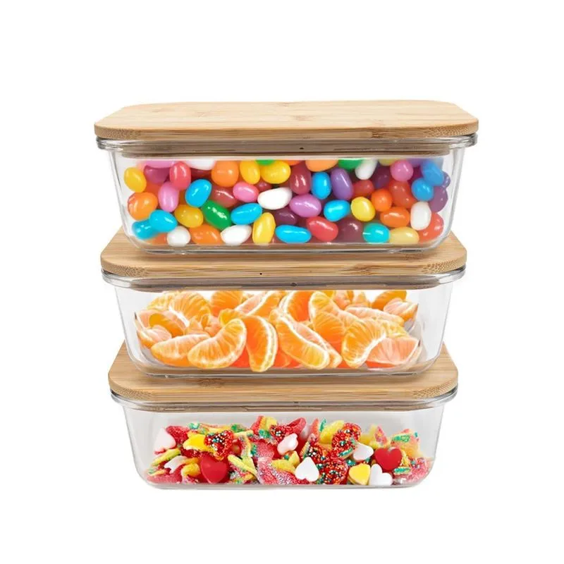 Kit 3 Potes De Vidro 800ml Tampa De Bambu Hermético Marmita