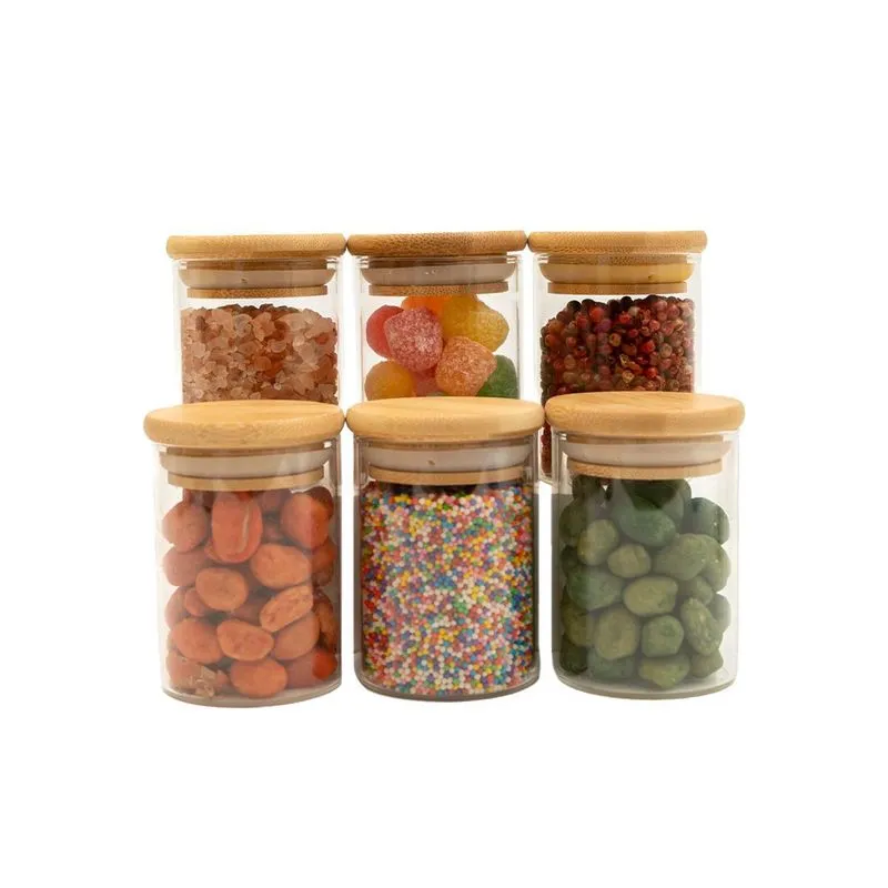 Kit 6 Potes De Vidro 110ml Tampa De Bambu Hermético Redondos