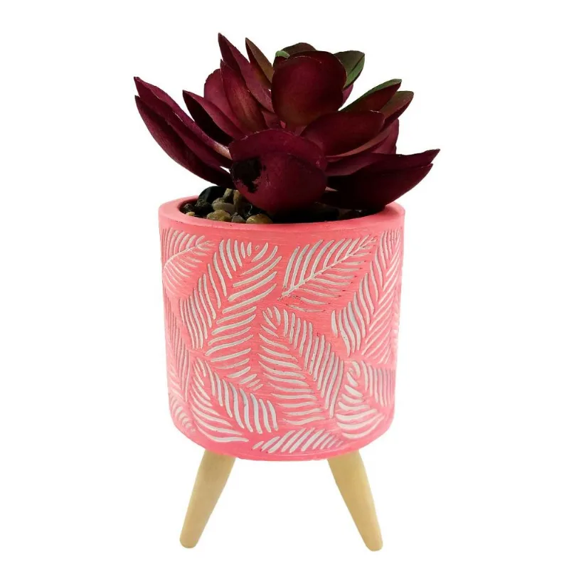 Vaso C/ Planta Artificial 10x6,5cm em Cimento Livon-Rosa