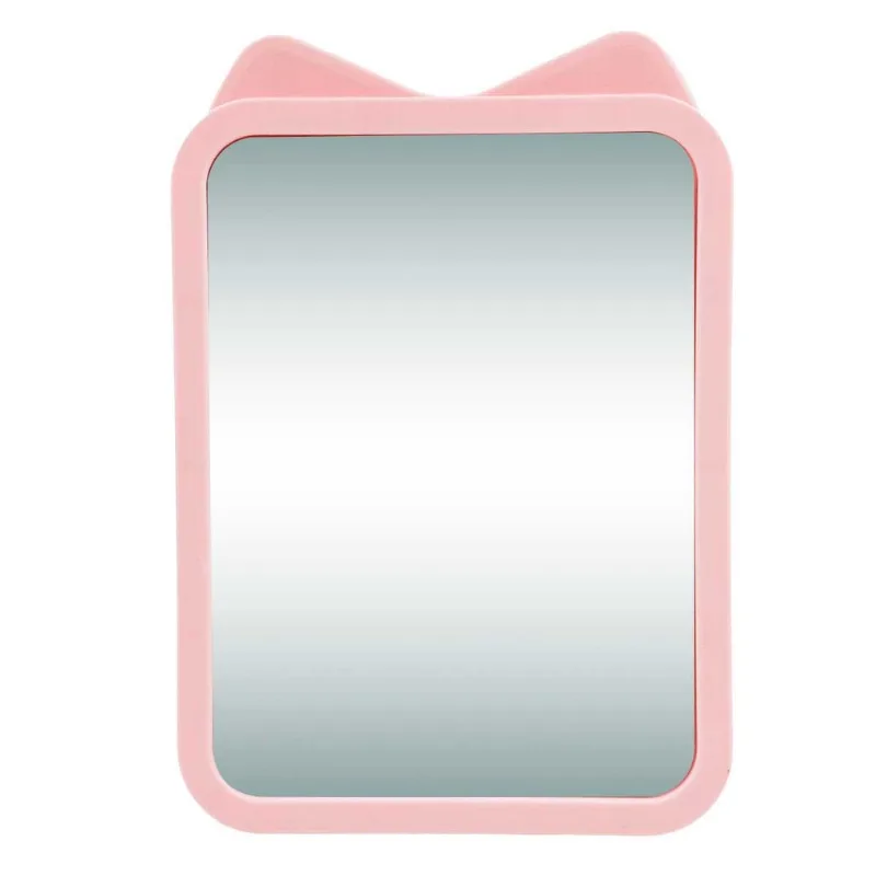 Espelho de Mesa Retangular Gato 15x11cm em Plástico Livon-Rosa Claro