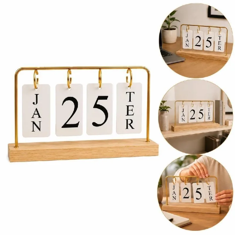 Calendário de Mesa Permanente Yeet Base Madeira Aramado Decorativo com Fichas para Escritório