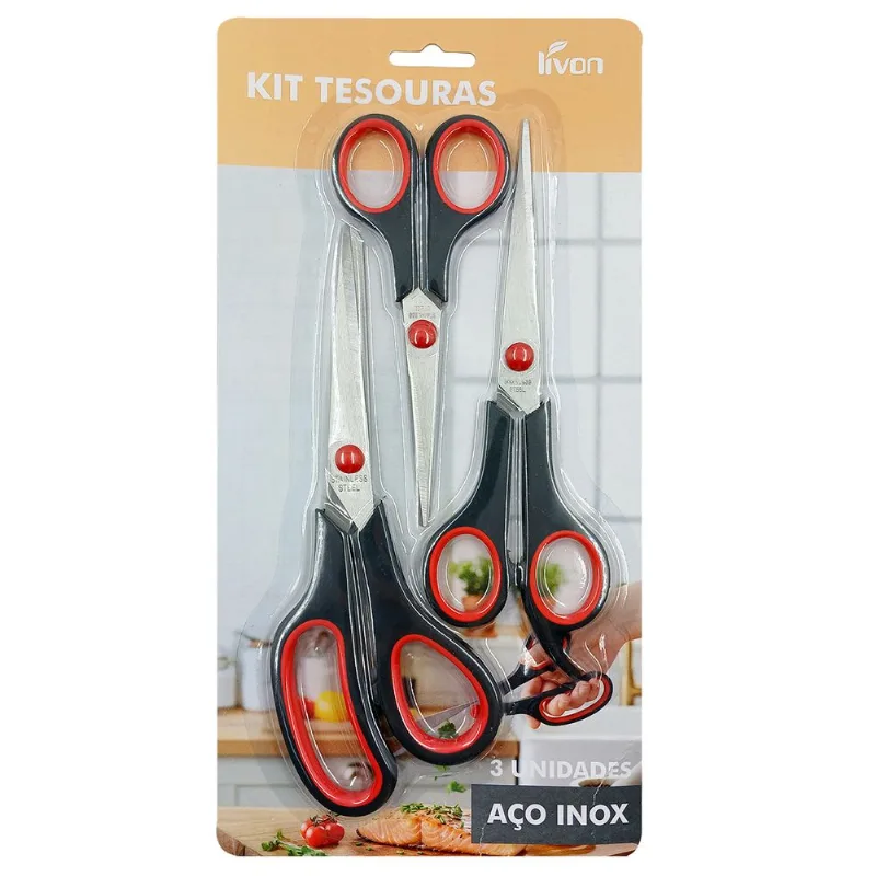 Kit Tesoura Multiuso 3 Peças 19cm em Aço Inox Livon