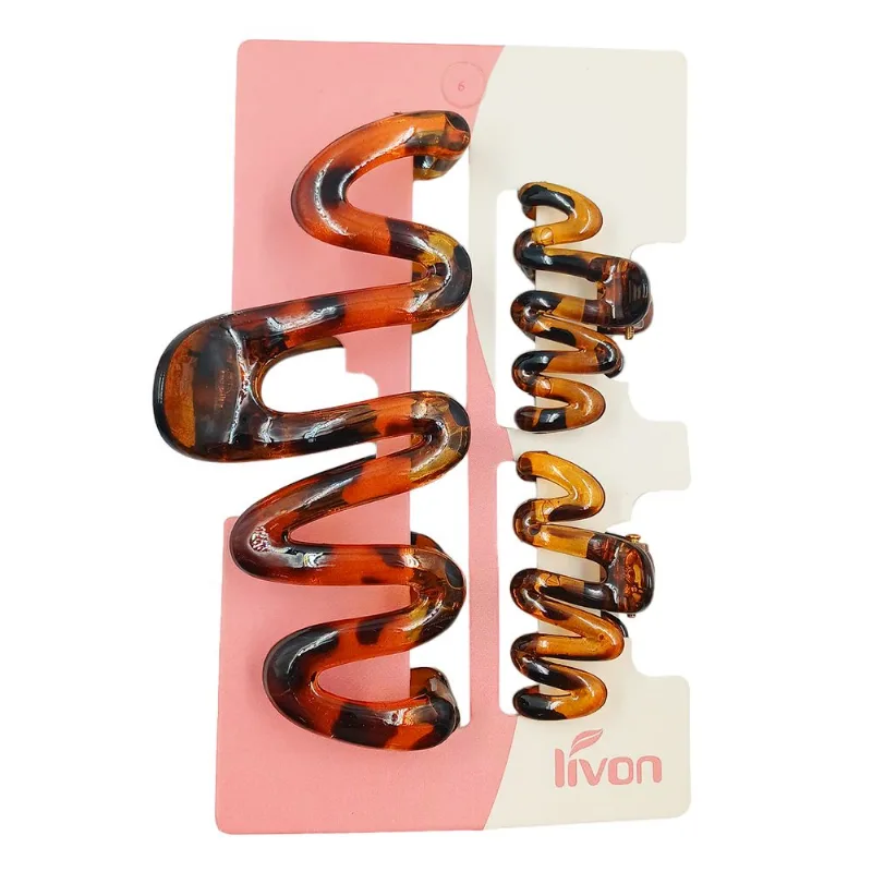 Kit Prendedor de Cabelo 3 Peças 8x14cm em Plastico Livon-Marrom Oncinha