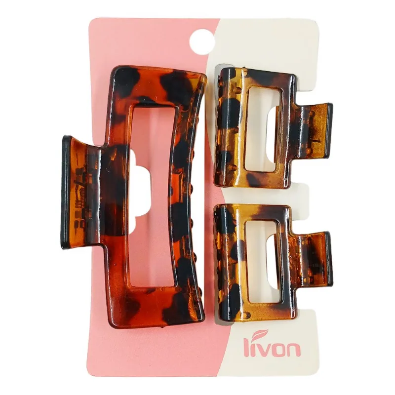 Kit Prendedor de Cabelo 3 Peças 8x12cm em Plastico Livon-Marrom Oncinha