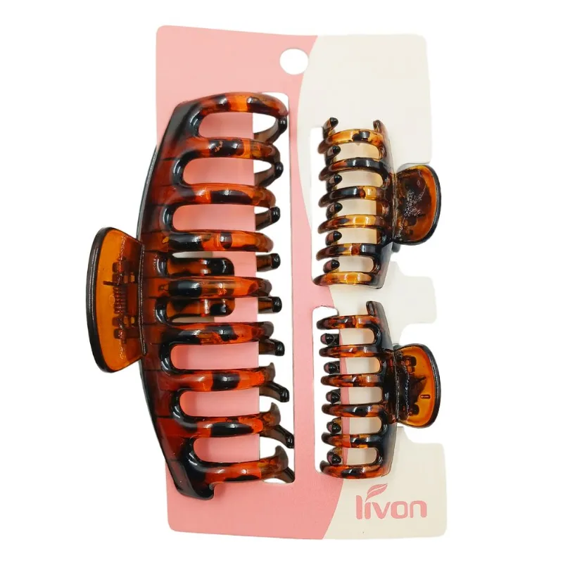 Kit Prendedor de Cabelo 3 Peças 8x14cm em Plastico Livon-Marrom Oncinha