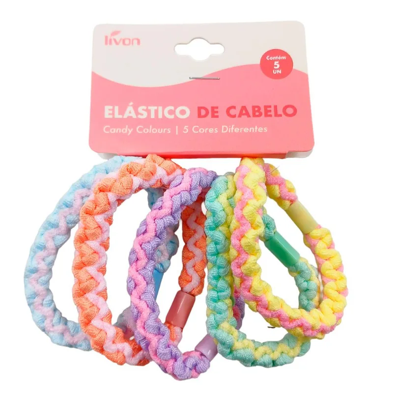 Jogo De Elásticos P/ Cabelo 6cm 5 Peças em Poliéster Livon