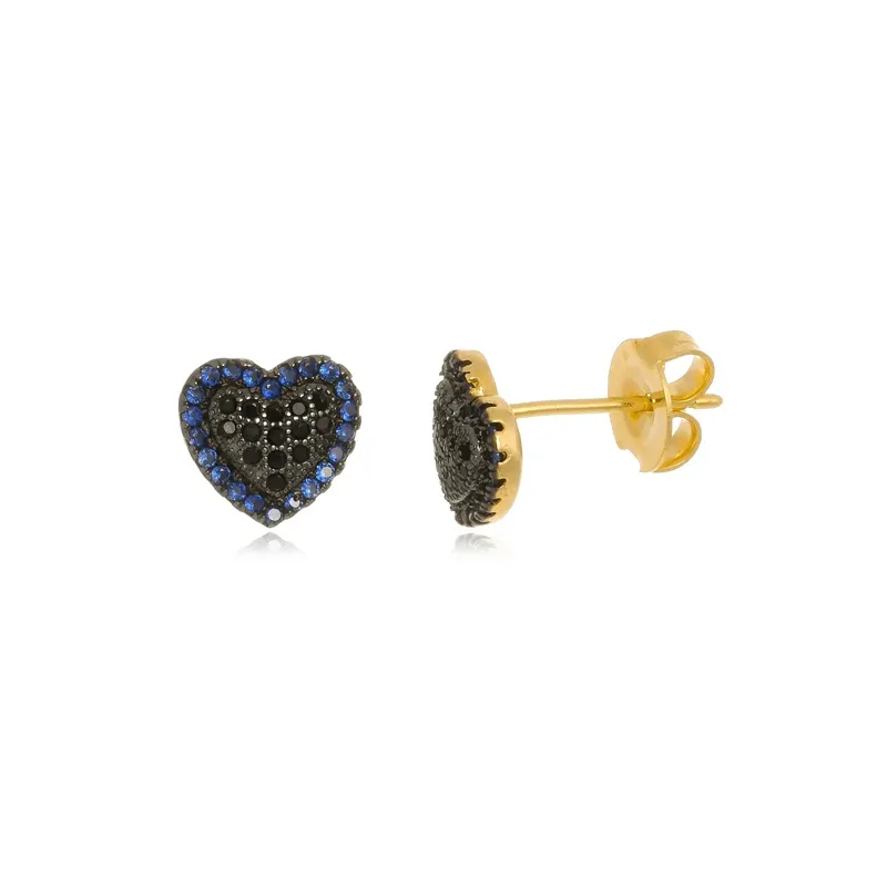 Brinco Boca Santa Semijoias Coração Diamante Negro/Safira Ouro Amarelo