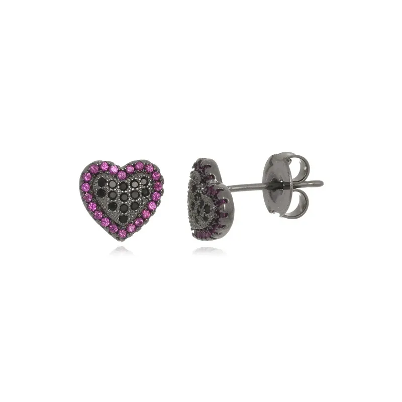 Brinco Boca Santa Semijoias Coração Diamante Negro/Rubi Ouro Negro