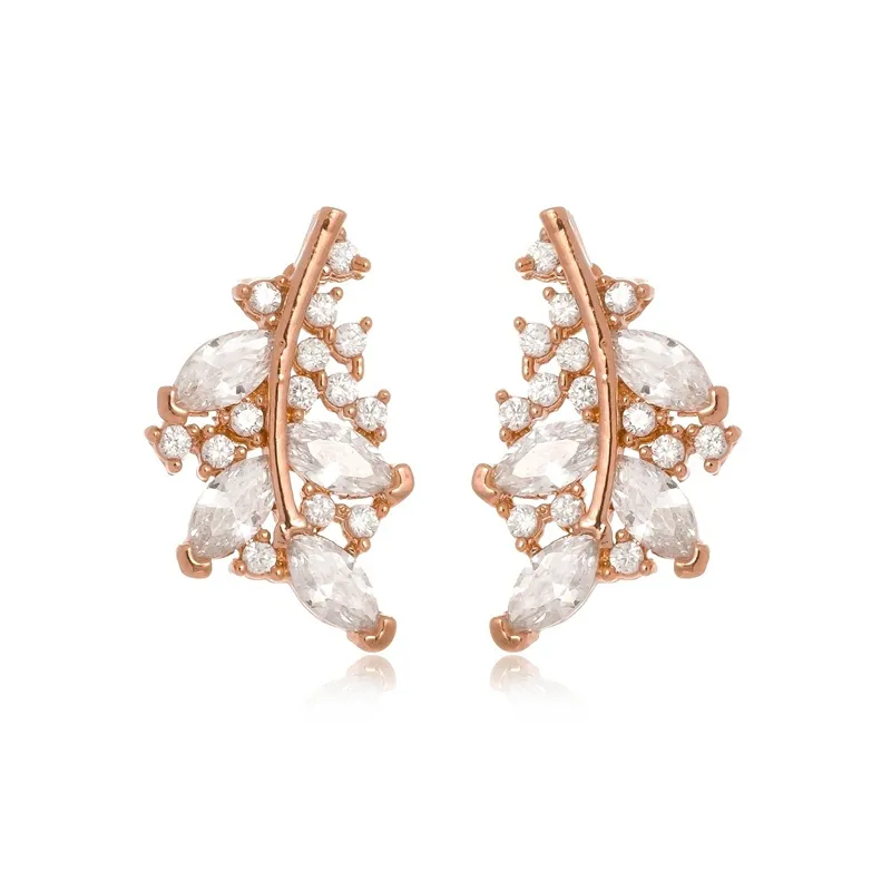 Brinco Boca Santa Semijoias Folhas em Zirconias Ouro Rosê