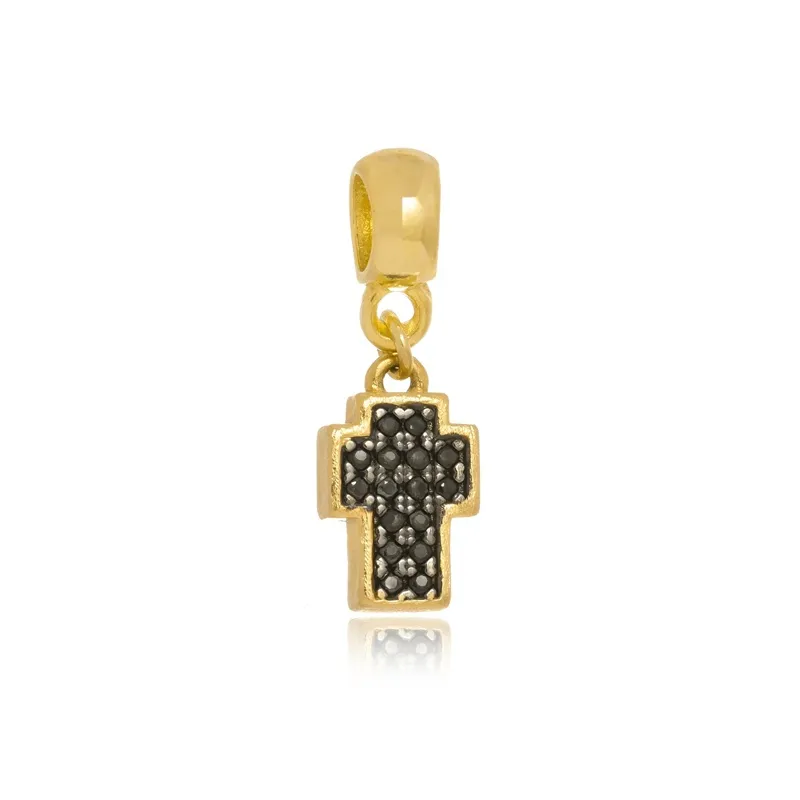 Pingente Crucifixo Zirconias Negra Banho Ouro 18k 2,90x0,9cm