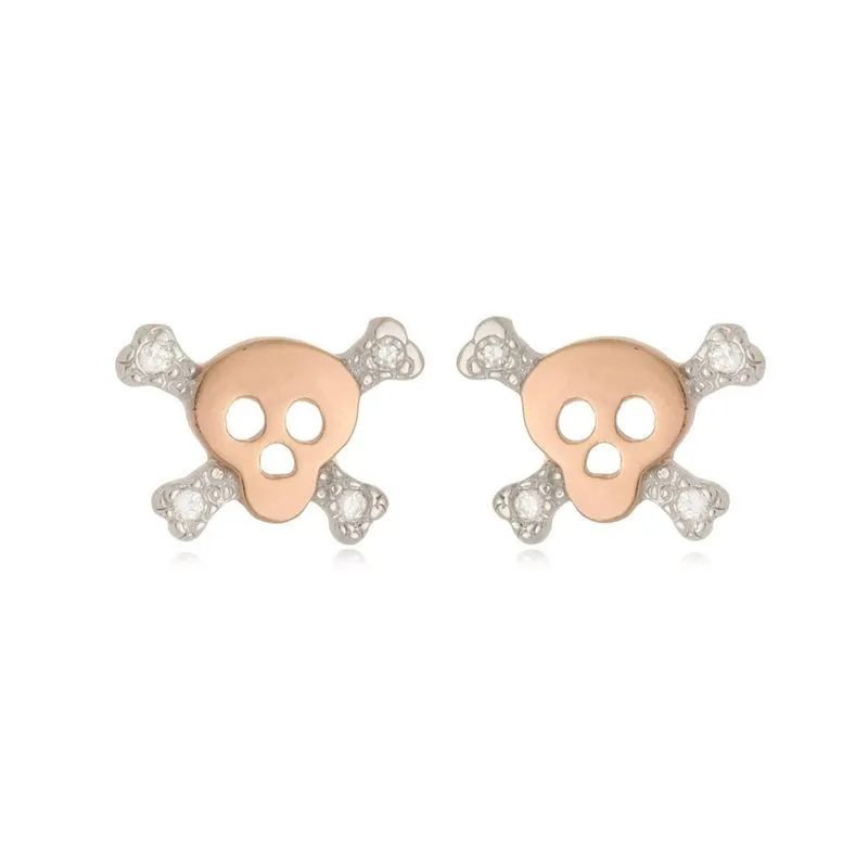 Brinco Caveira Ouro 18k Rosê Zircônias 1,0cm x 1,50cm 3,2g