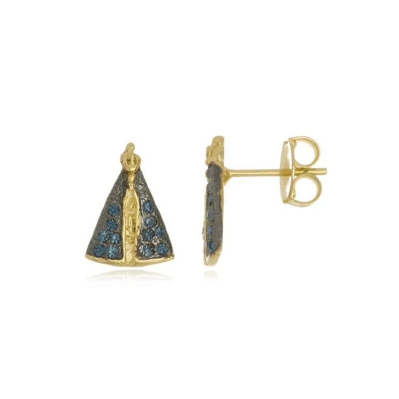 Brinco Nossa Senhora Banho em Ouro 18k Safira 1,5cm