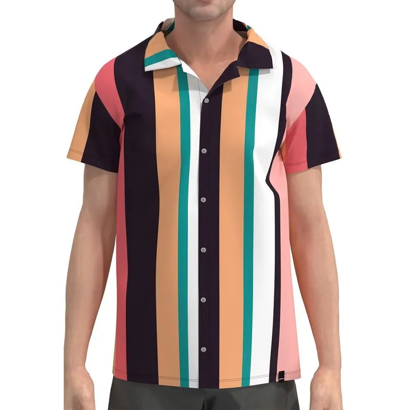 Camisa Estampa Total De Botão Listrada Listra Manga Curta
