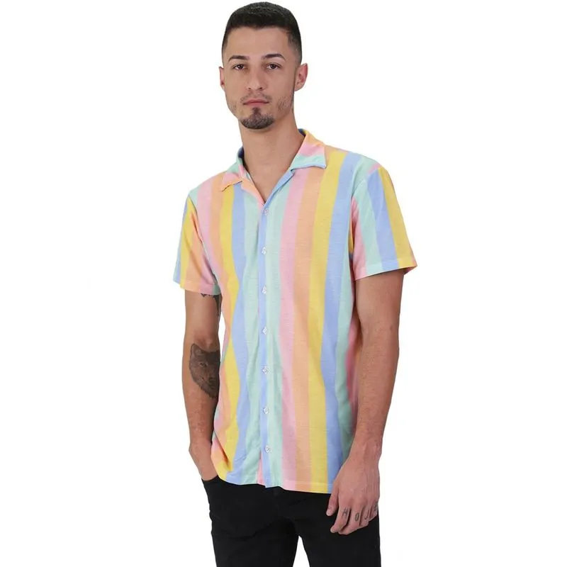 Camisa Estampa Total Botão Listras Candy Color Manga Curta