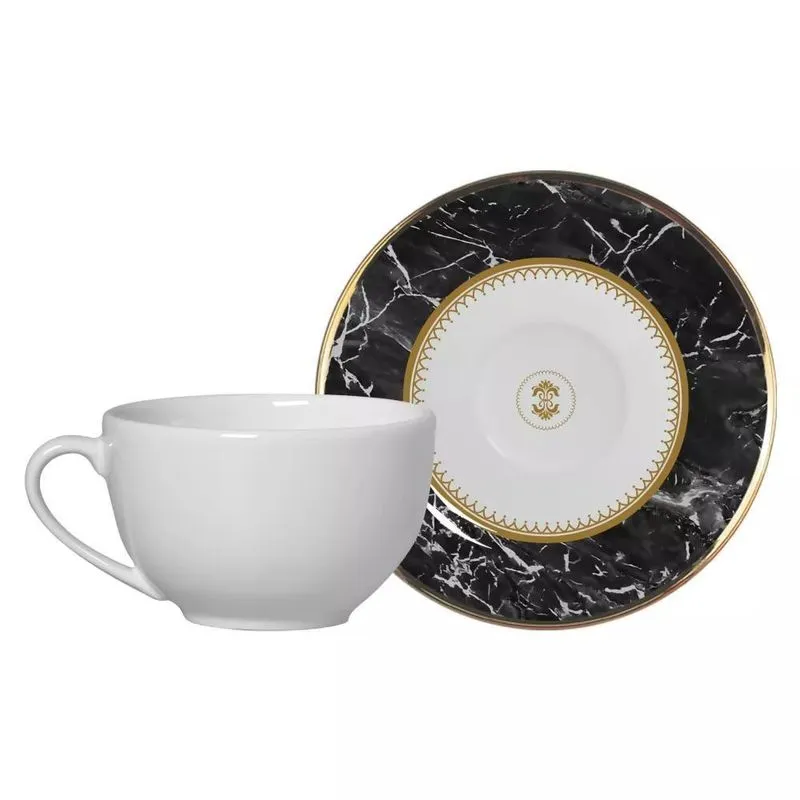 Conjunto Com 6 Xícaras De Chá Com Pires Marble Preto 250ml