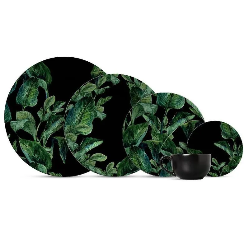 Jogo De Jantar Preto Leaves Decorado 20Pcs Primeira Linha