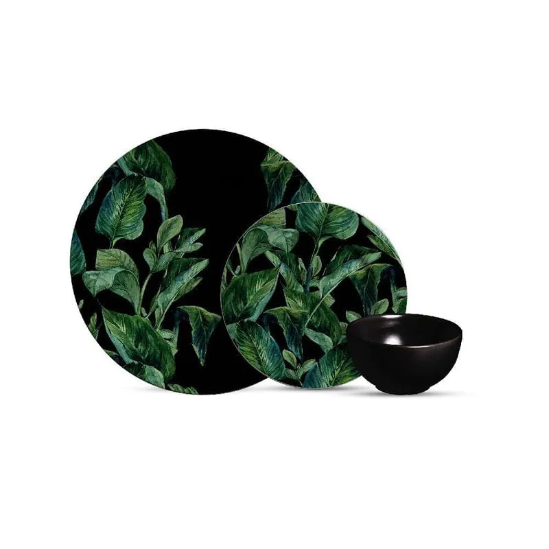 Jogo De Jantar Com 12Pcs Leaves Com Bowl Preto Absoluto Plus