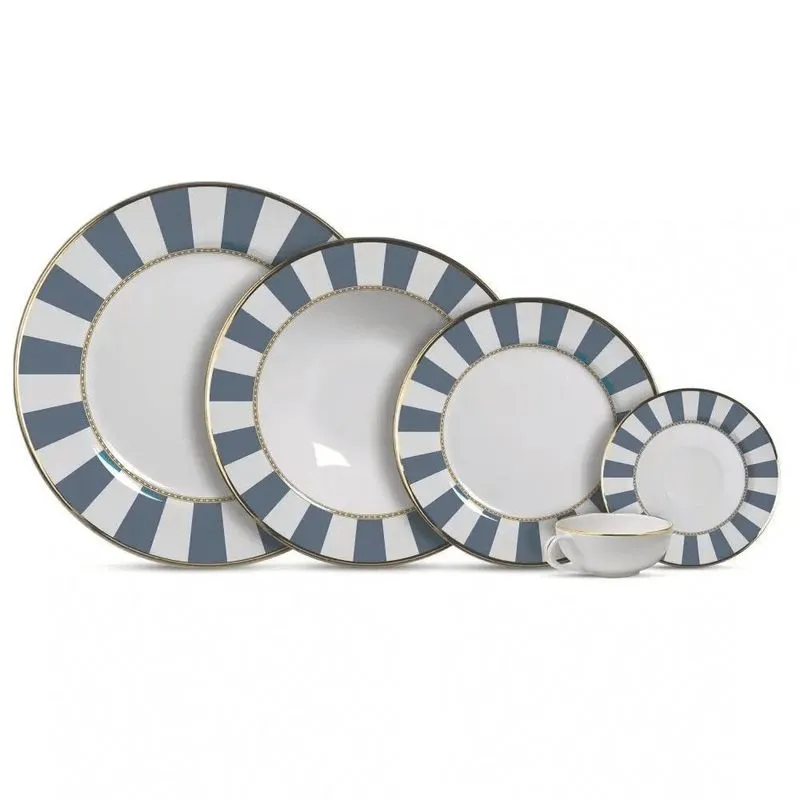 Aparelho De Jantar 30 Peças Blue Strip Filete Ouro